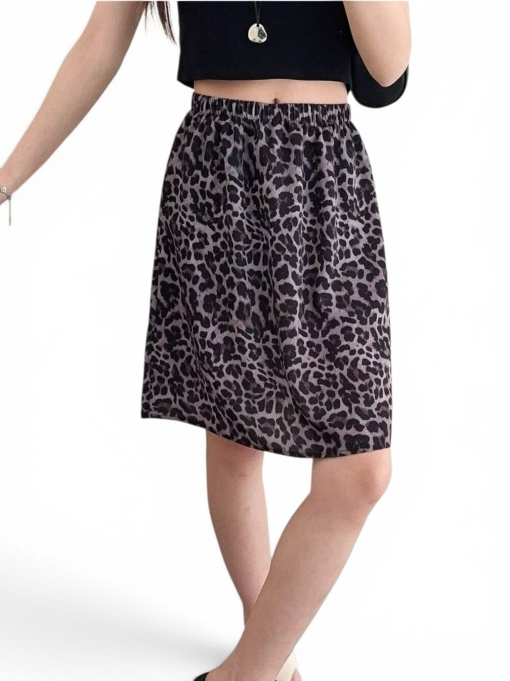NWT Leopard Print Chiffon Midi Skirt Black Grey Elastic Waist